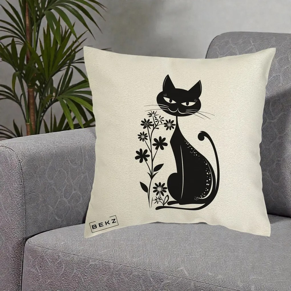 Perna Decorativa Pisica Neagra Grafica Minimalista, 40x40 cm, Ecru, Husa Detasabila, Perna Inclusa, BEKZ®