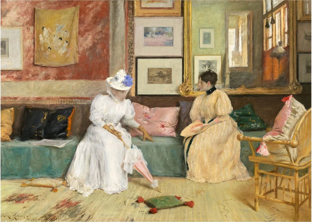 Tablou pe sticlă - William Merritt Chase, A Friendly Call, reproducere (70x50 cm)