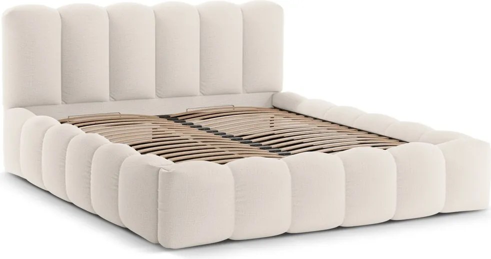 Pat tapitat cu somiera rabatabila si lada depozitare, 180x200 cm, Micadoni Home, Lupine-138, tesatura structurata chenille, bej deschis