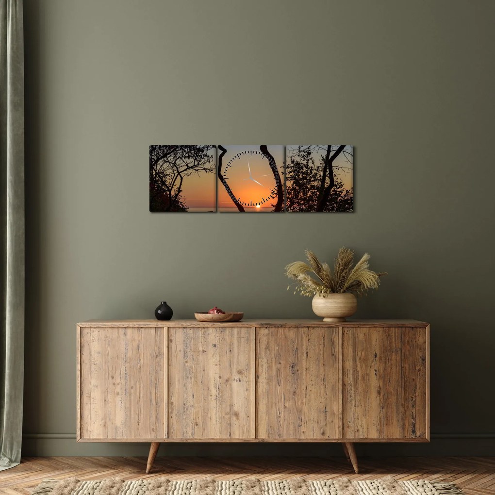Tablou cu apus de soare (cu ceas) (90x30 cm)