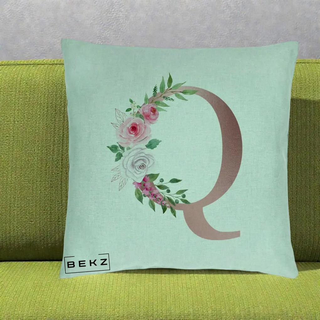 Cadou Personalizat - Perna Personalizata Monograma Rose Gold Litera Q, 40x40 cm, Verde Menta, Husa Detasabila, Perna Inclusa, BEKZ®