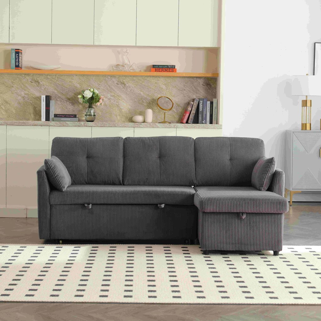 Canapea modulară în formă de L din catifea, canapea extensibilă rabatabilă convertibilă, cu spații de depozitare în scaune, Gri Închis