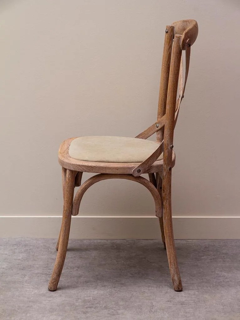 Scaun dining din lemn de stejar și bumbac, bej, cu spătar încrucișat în X, șezut tapițat și arce curbate, 90 x 44 x 42 cm, „Marius”