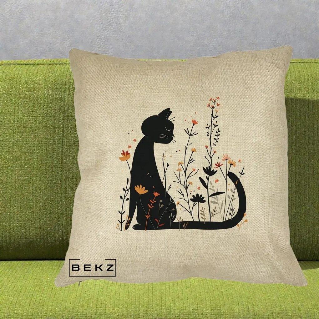 Perna Decorativa Pisica Neagra Flori Portocalii Silueta, 40x40 cm, Crem, Husa Detasabila, Perna Inclusa, BEKZ®