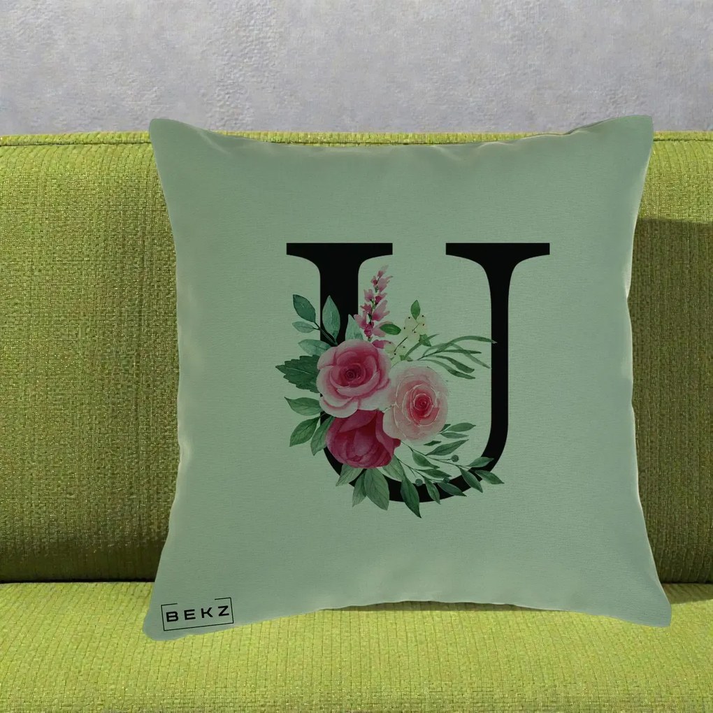 Cadou Personalizat - Perna Personalizata Monograma Florala Litera U, 40x40 cm, Verde, Husa Detasabila, Perna Inclusa, BEKZ®