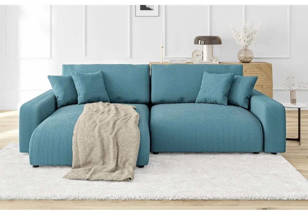 Colțar turcoaz extensibil cu tapițerie din catifea reiată Sara – Ropez