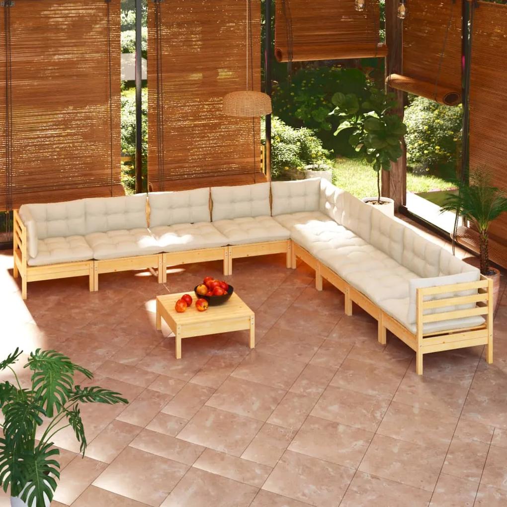 3096821 vidaXL Set mobilier grădină cu perne crem, 10 piese, lemn masiv de pin