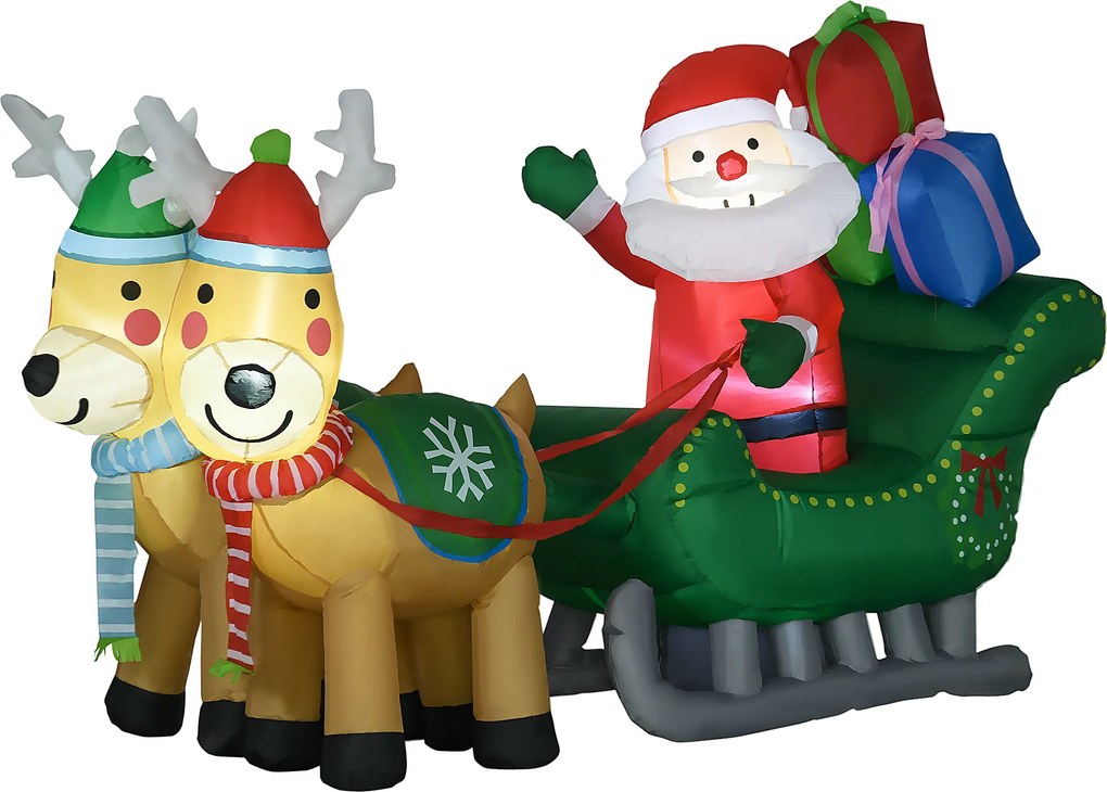 HOMCOM Decorațiune gonflabilă de Crăciun Moș Crăciun în sanie cu 2 reni, decorațiune de Crăciun cu 4 lumini LED 210x70x125 cm | Aosom Romania