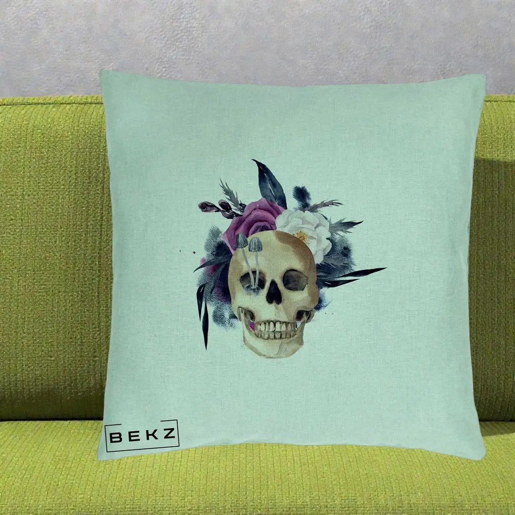 Perna Decorativa Craniu Floral cu Trandafiri si Ciuperci, 40x40 cm, Verde Menta, Husa Detasabila, Perna Inclusa, BEKZ®