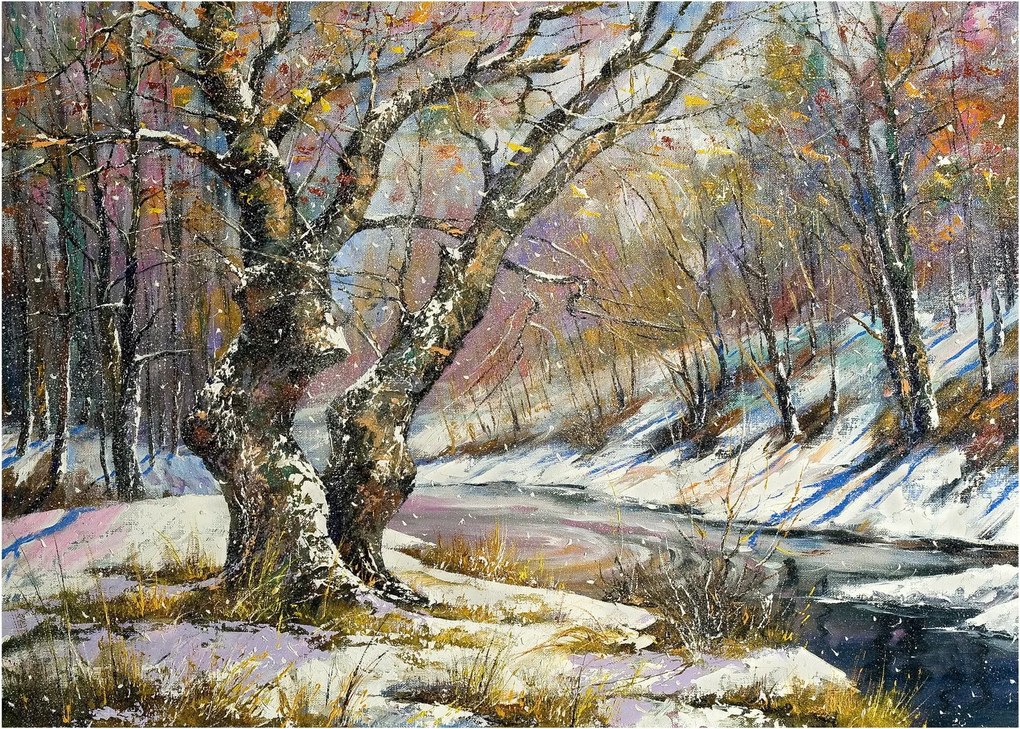 Tablou pe sticlă cu peisaj de iarnă pictat (70x50 cm)