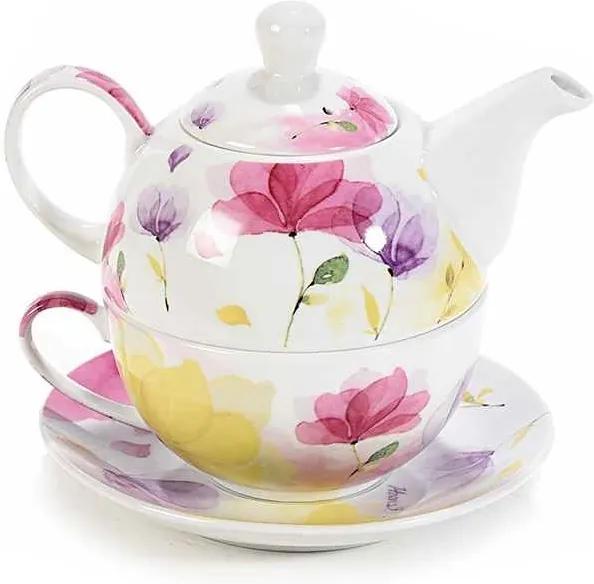 Set ceainic cu ceasca si farfurioara din portelan decor floral roz 16 cm  x 10.5 cm x 13.5 h