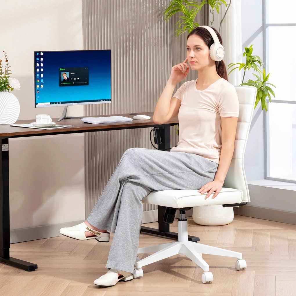 HOMCOM Scaun de Birou Ergonomic și Reglabil cu Spătar Curbat, din Piele PU și Oțel, 58x53x97-107 cm, Alb | Aosom Romania
