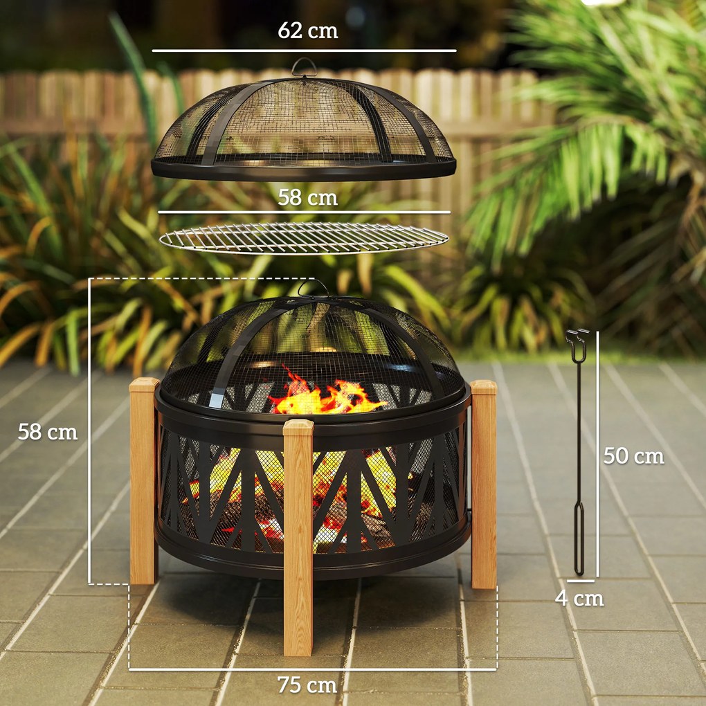 Outsunny Cuva pentru foc 2-in-1 Ø75 x 58 cm Vatră cu protecție la scântei Cârlig de întreținere Grătar Negru | Aosom Romania