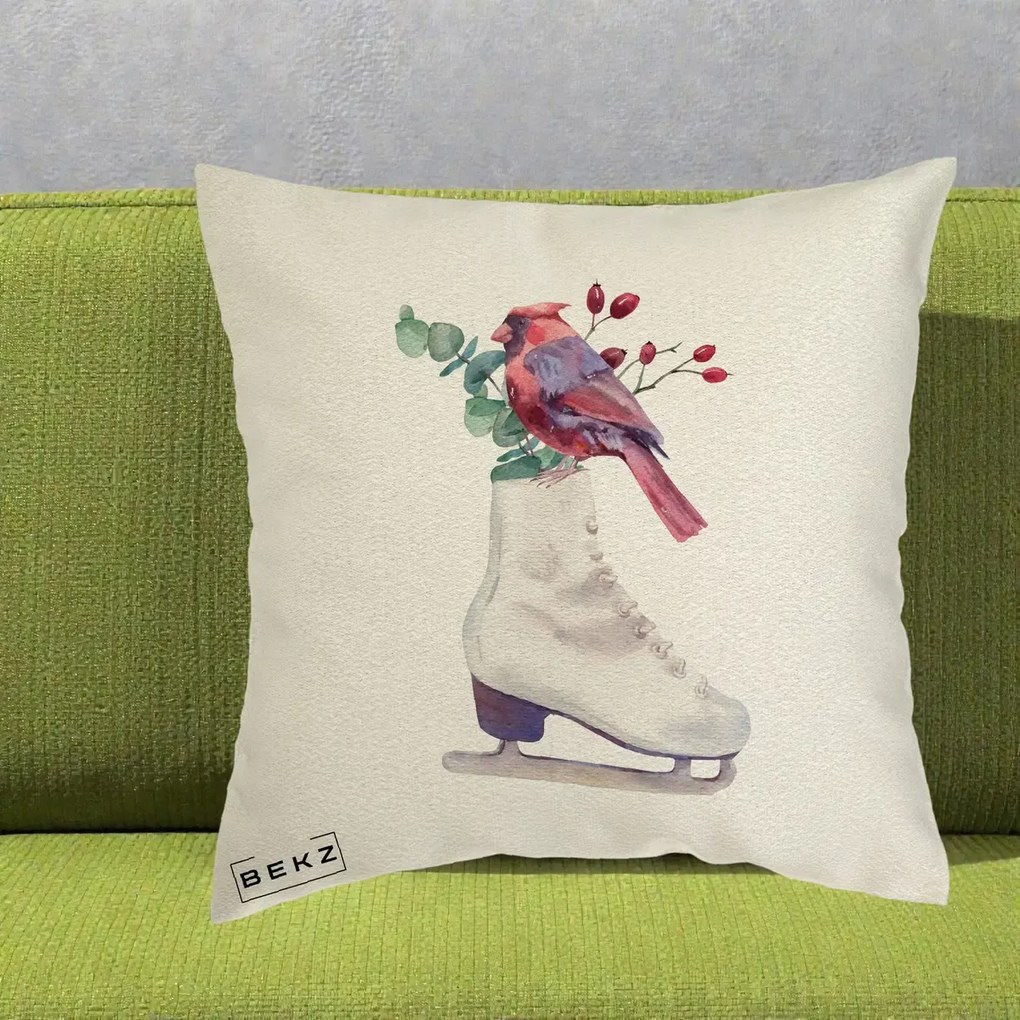 Perna Decorativa Cardinal Rosu pe Patina de Gheata, 40x40 cm, Ecru, Husa Detasabila, Perna Inclusa, BEKZ®