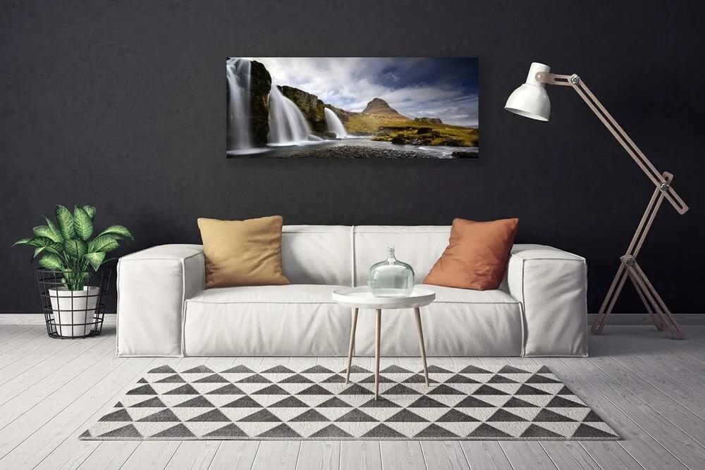 Tablou pe panza canvas Munții Waterfall Peisaj Gri Alb