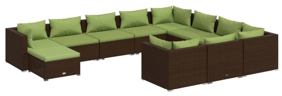 Set mobilier de gradina cu perne, 11 piese, maro, poliratan maro si verde, 4x colt + 6x mijloc + suport pentru picioare, 1