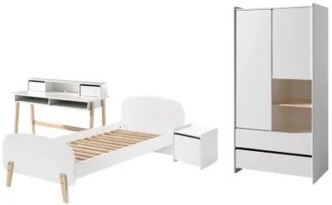 Set Mobilier Kiddy pentru Camera Copii – Pat 90x200 cm, Noptieră, Dulap 2 Uși și Birou – Alb – Vipack