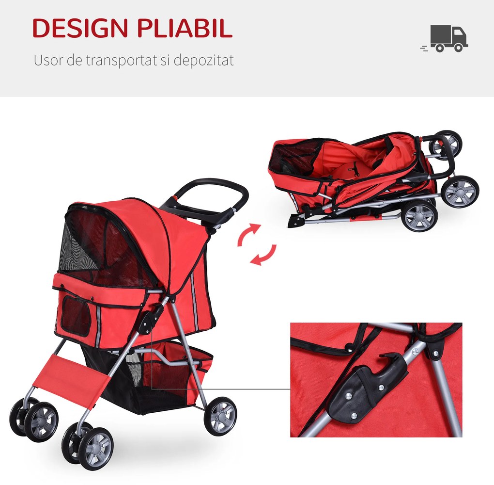 PawHut Passeggino per Cani Pieghevole Carrello per Animali Domestici Carrello Carrozzina Rossa 75x45x97cm | Aosom Romania