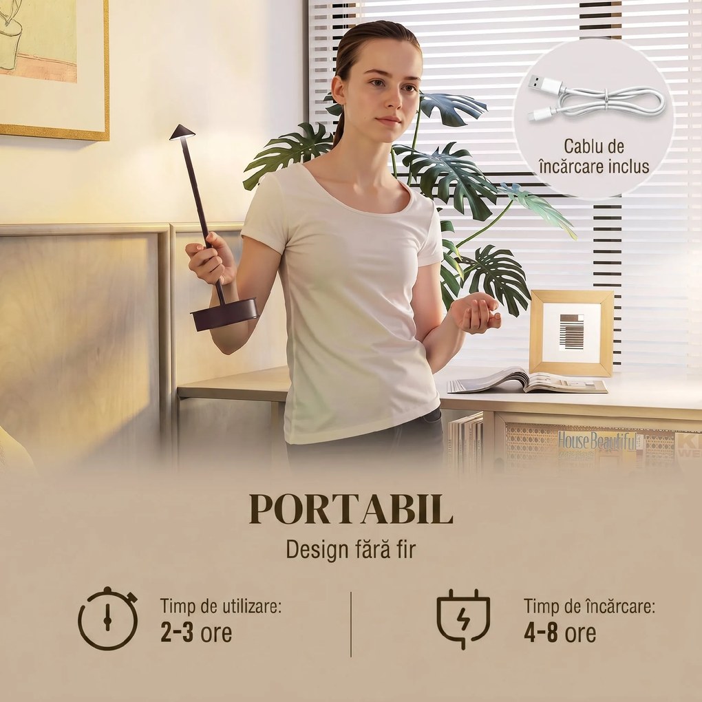 HOMCOM Lampă de Masă Reîncărcabilă cu USB, Lampă Fără Fir cu Temperatura Culorii Reglabilă 3000K/4500K/6500K, Control Touch, Autonomie 4-8 Ore, Cafea | Aosom Romania