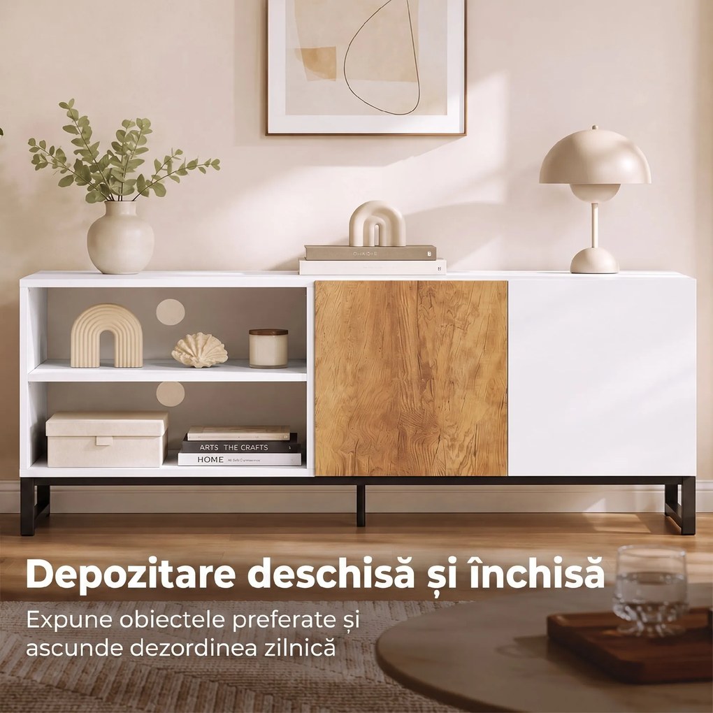 HOMCOM Comodă TV cu Rafturi Reglabile și Ușă Soft-Close, PAL și Oțel, 140x36,5x50 cm, Alb și Stejar | Aosom Romania