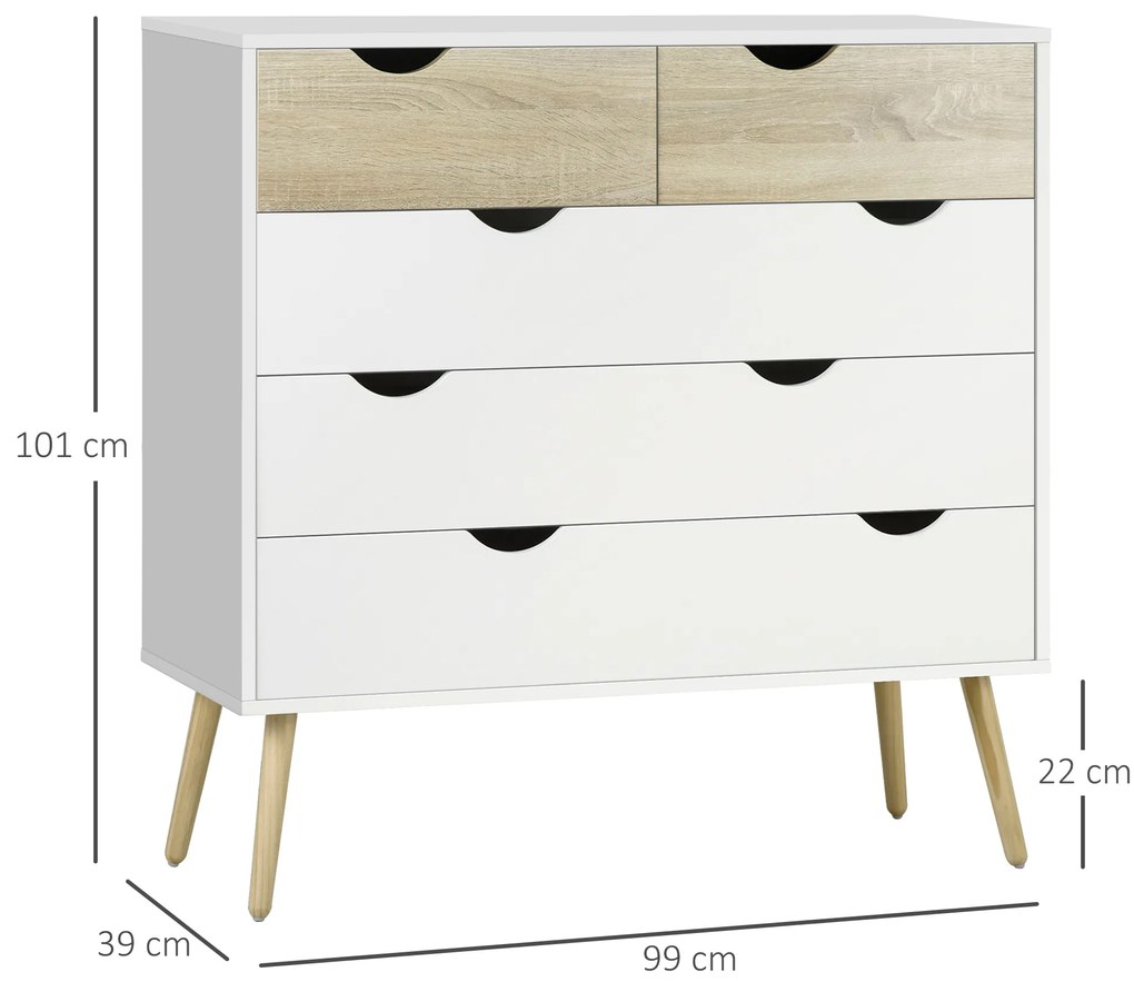 HOMCOM Comodă 5 sertare design scandinav mobilier depozitare cameră placă particule 99 x 39 x 101 cm alb aspect stejar deschis | Aosom Romania