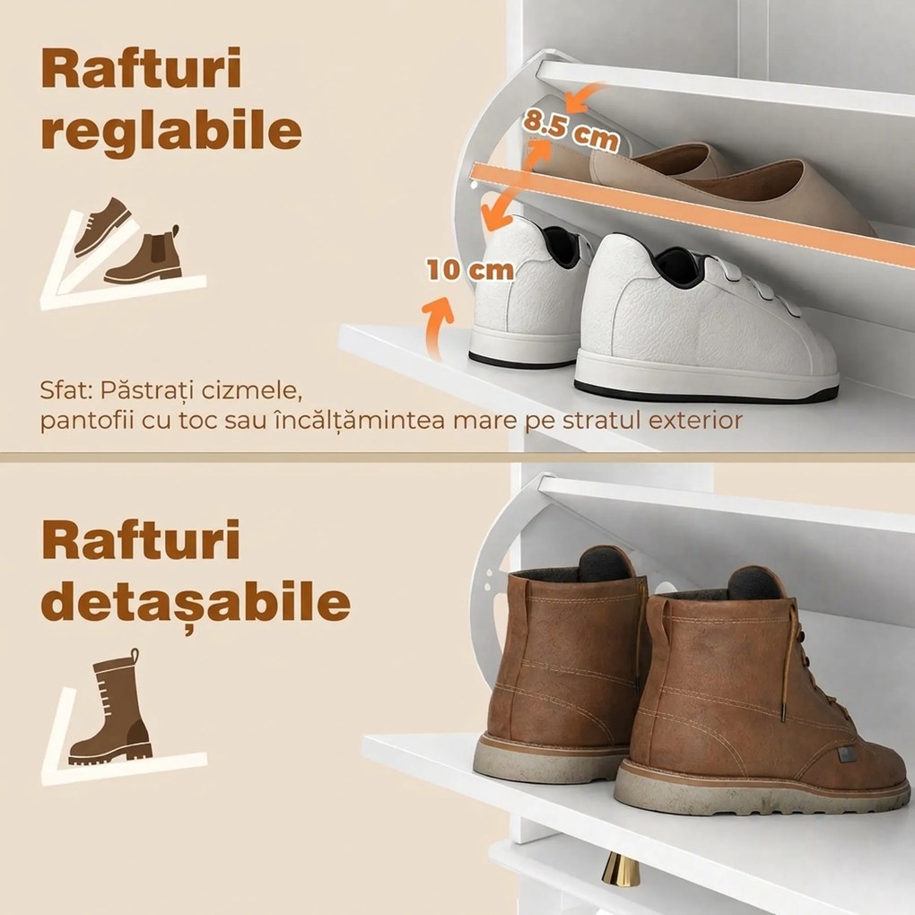 HOMCOM Dulap Pantofi Slim cu 2 Uși, Sertar, Rafturi Reglabile, 8 Perechi, MDF, PAL, 60 x 23,5 x 98,5 cm, Alb | Aosom Romania