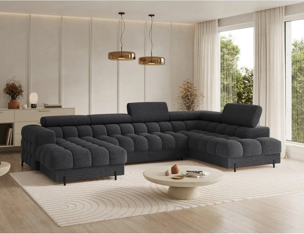 Colțar gri închis extensibil cu tapițerie din țesătură bouclé (cu colț pe partea dreaptă/în formă de "U") Feraria – ELTAP