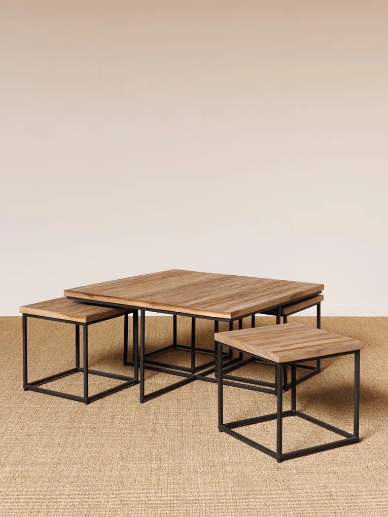 Măsuță de cafea cu scaune, pătrată, din lemn de tec, natur, set cu 4 taburete și cadru din metal negru, 40 x 90 x 90 cm, „Pocket”