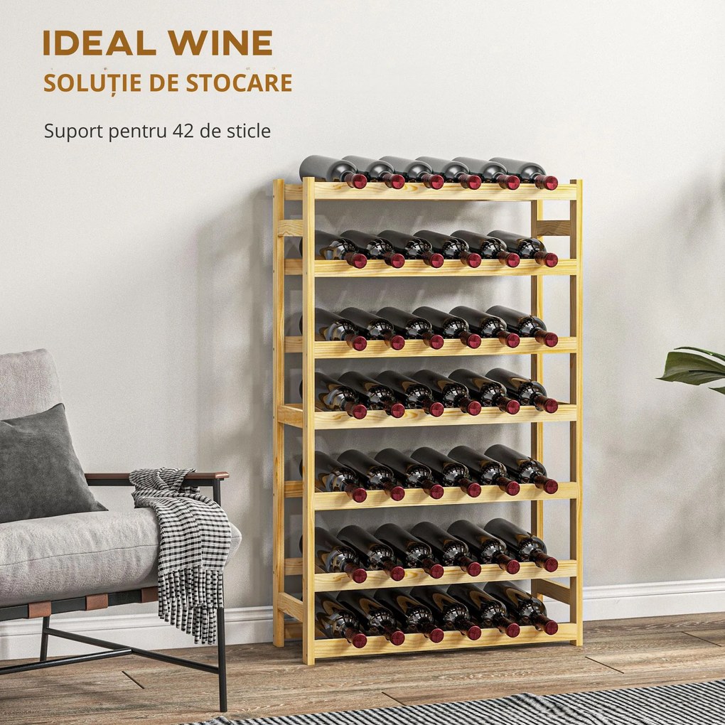 HOMCOM Suport pentru Vin din Lemn, Suport pe 7 niveluri pentru 42 de sticle de Vin, Suport Subțire pentru Bar, 63x25x102 cm, Natural | Aosom Romania