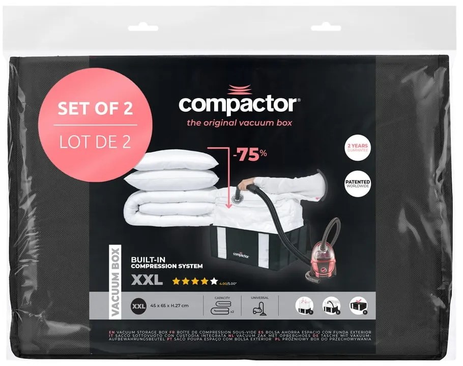 Cutii de depozitare pentru haine 2 buc. din material textil cu vacuum/cu pereți întăriți 65x45x27 cm Black Edition – Compactor