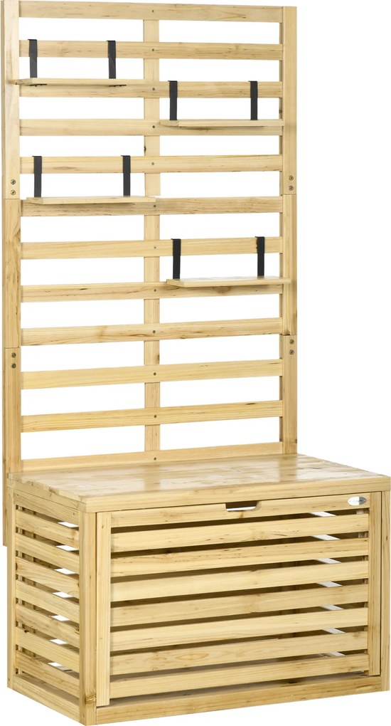 Outsunny Bancă de Depozitare pentru Grădină din Lemn de Brad cu Spalier Integrat și 4 Rafturi, Bancă de Depozitare Exterior Impermeabilă cu Închidere Magnetică, 80x45x160 cm, Culoare Lemn | Aosom Romania