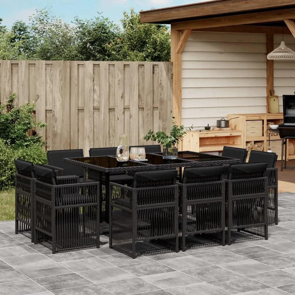 vidaXL Set mobilier de exterior cu perne, 11 piese, negru, poliratan