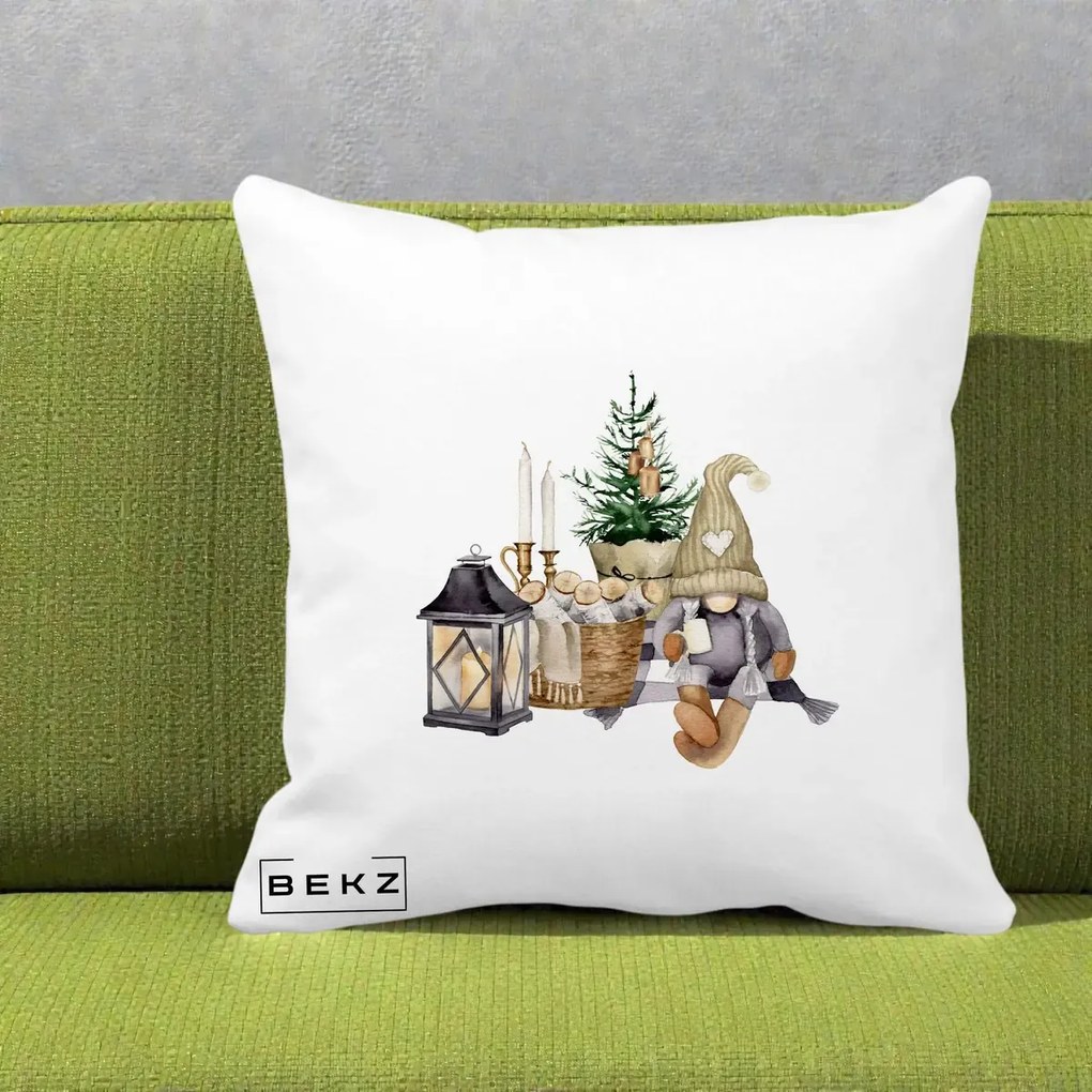 Perna Decorativa Gnom Scandinav cu Felinar, 40x40 cm, Alba Mata, Husa Detasabila, Perna Inclusa, BEKZ®