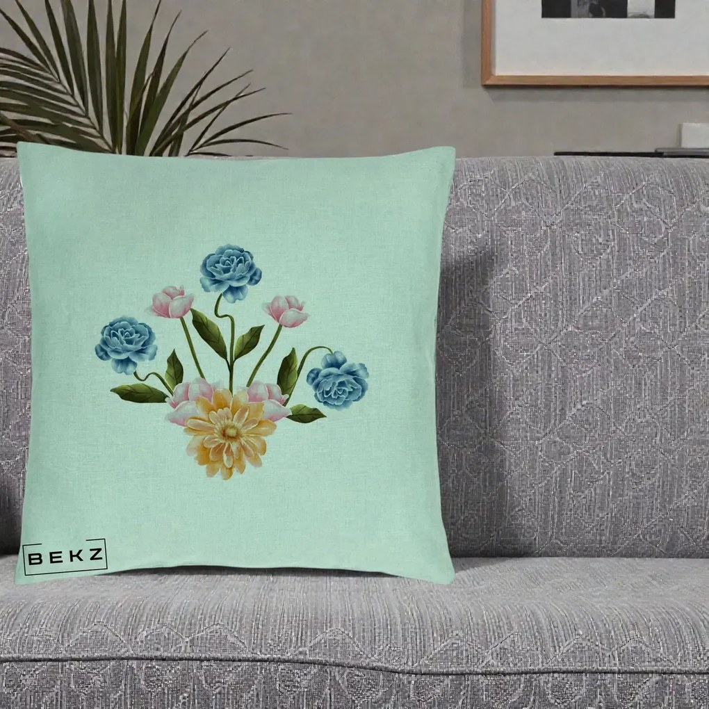 Perna Decorativa Buchet Primavara Acuarela, 40x40 cm, Verde Menta, Husa Detasabila, Perna Inclusa, BEKZ®