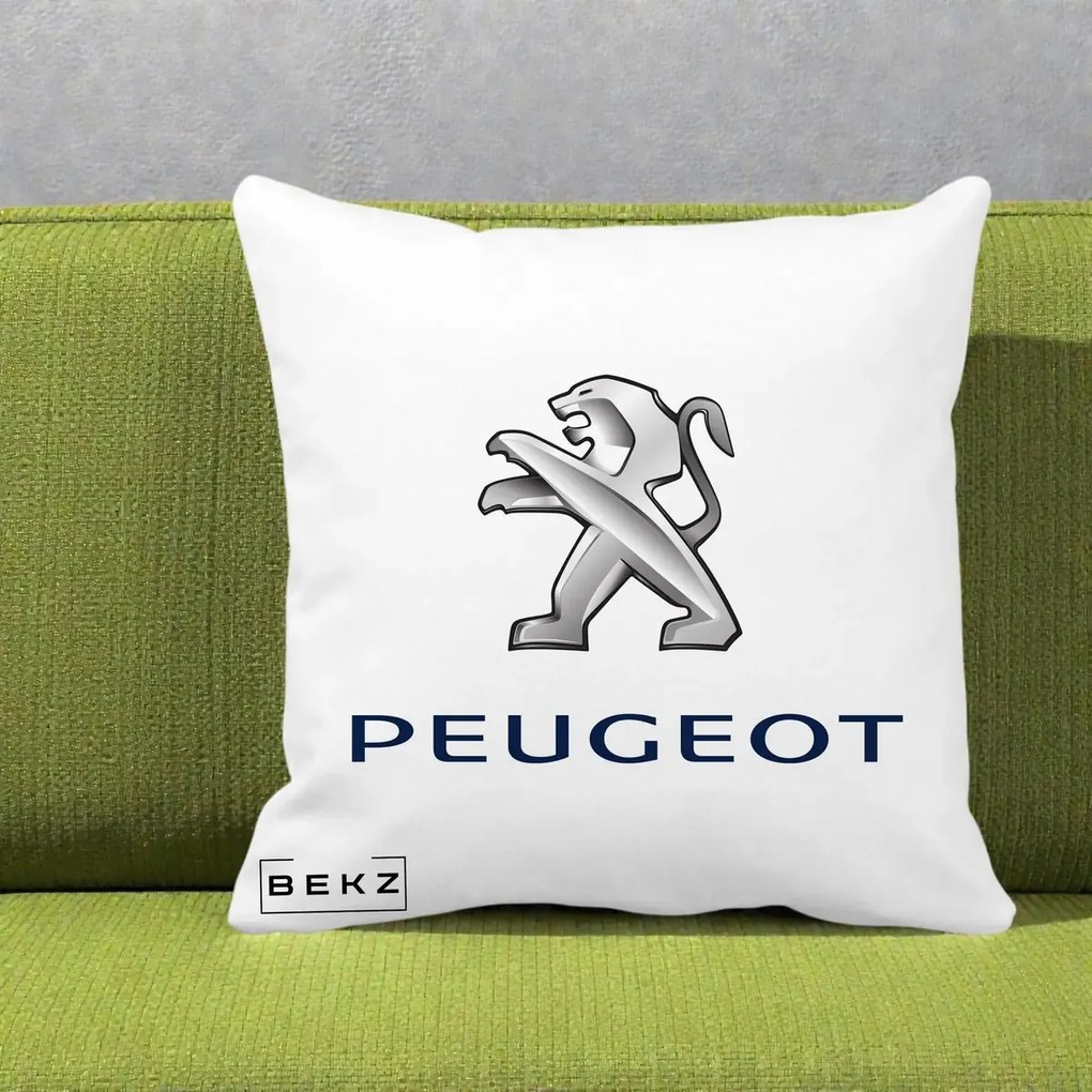 Perna Personalizata cu emblema Peugeot, 40x40 cm, Alba Mata, Husa Detasabila, Perna Inclusa, BEKZ®