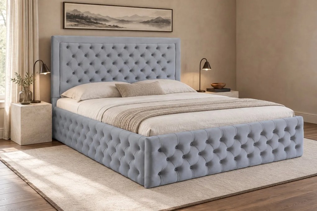 Pat tapițat Chesterfield din catifea Ophelia Deluxe 160×200 cm, gri deschis, cu ladă de depozitare