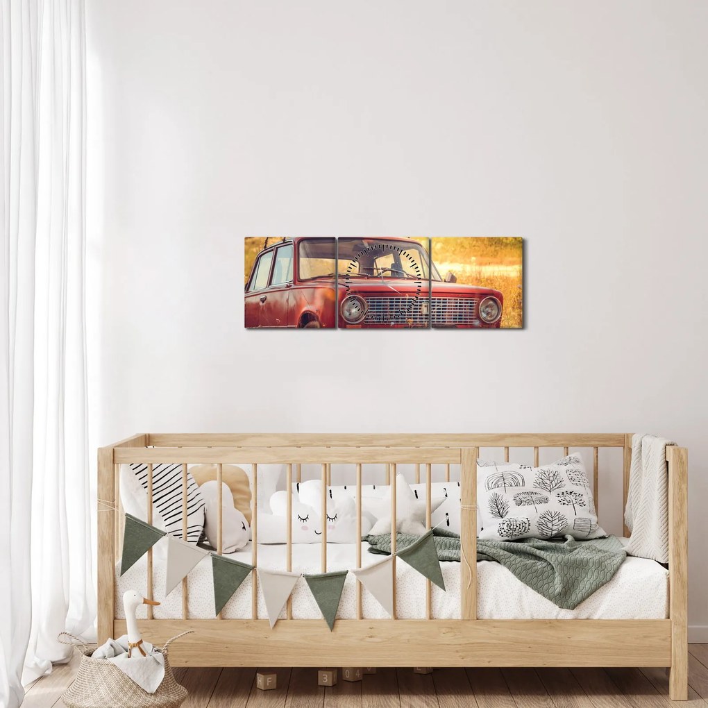 Tablou cu mașină în câmp (cu ceas) (90x30 cm)