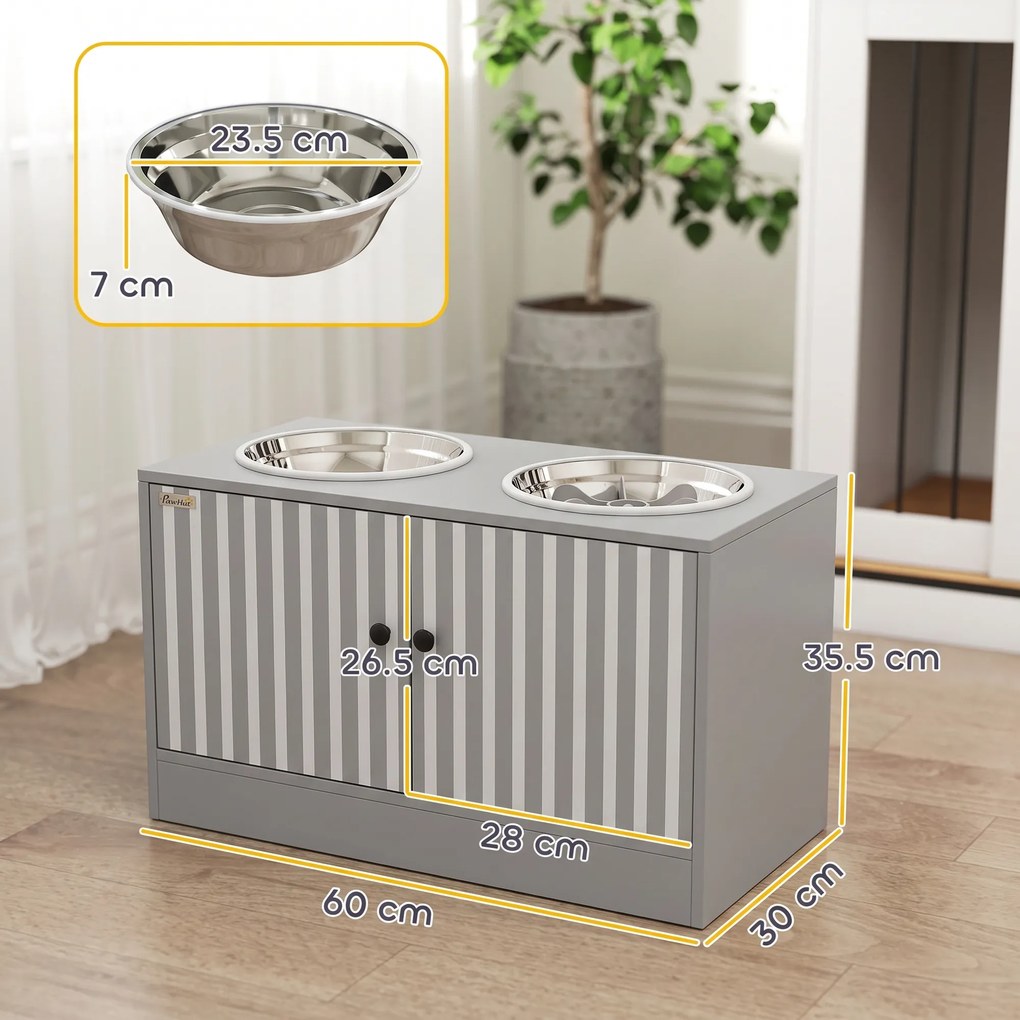 PawHut Suport pentru boluri de câini cu 2 boluri de 2 L din oțel inoxidabil și dulap inferior, din PAL, 60x30x35,5 cm, gri | Aosom Romania
