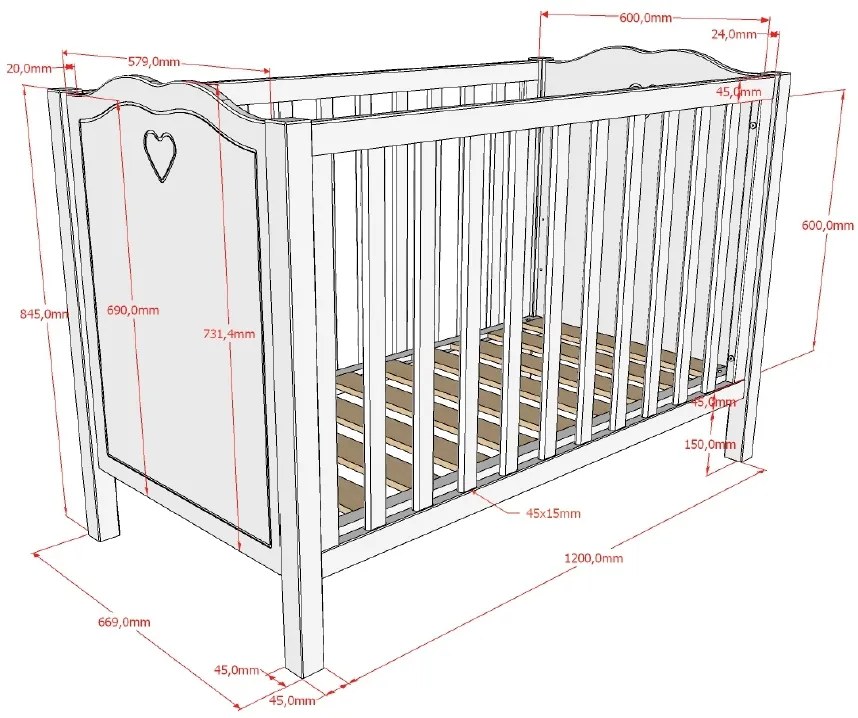 Pătuț Bebeluși AMORI, 60x120 cm, Alb (Pin Masiv și MDF), Design Romantic – Vipack