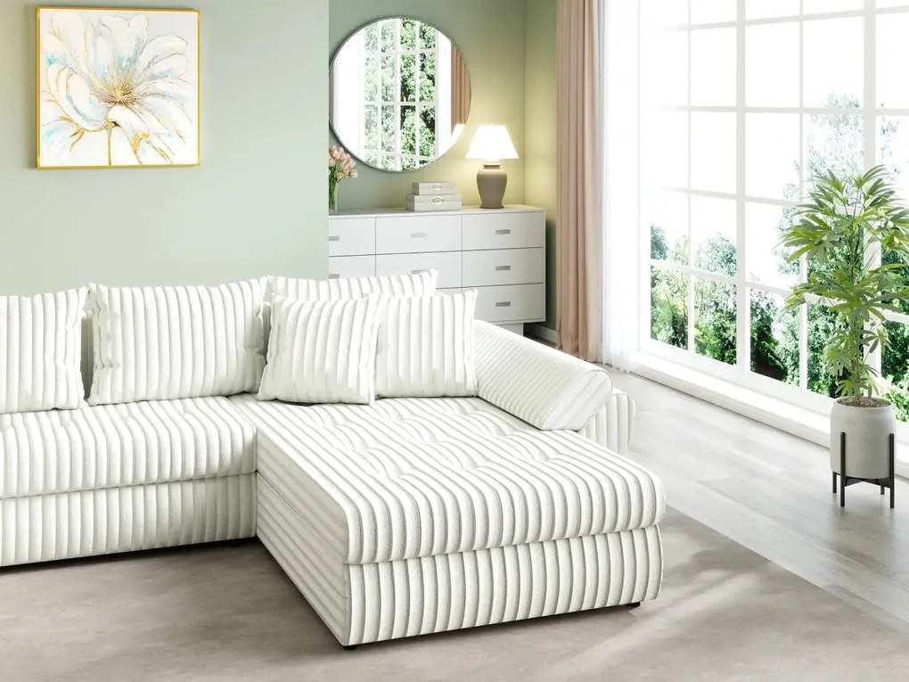 Colțar extensibil dumonde cu ladă de depozitare si sezut confortabil din spuma high-density, Loana U Ambience Ivory 355x185 cm