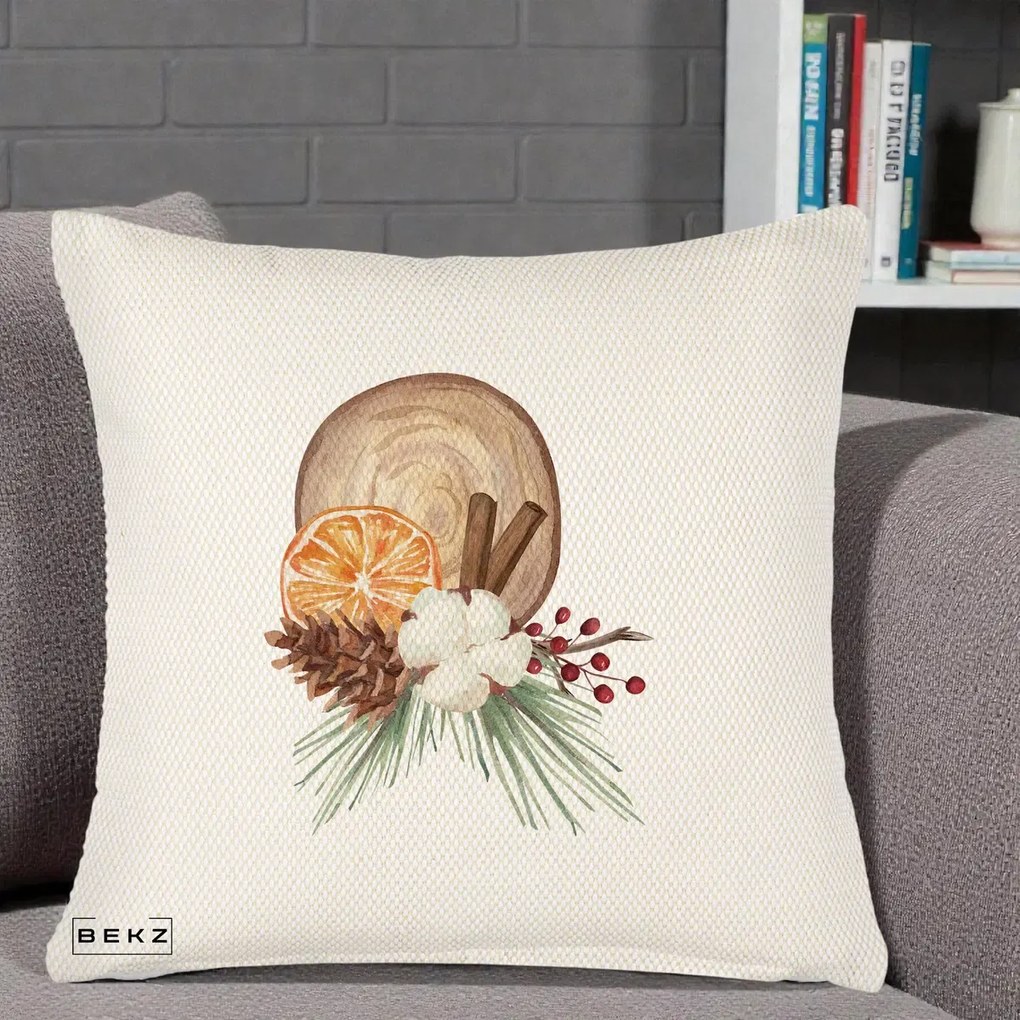 Perna Decorativa Aranjament de Craciun Nordic, 40x40 cm, Crem Reliefat, Husa Detasabila, Perna Inclusa, BEKZ®
