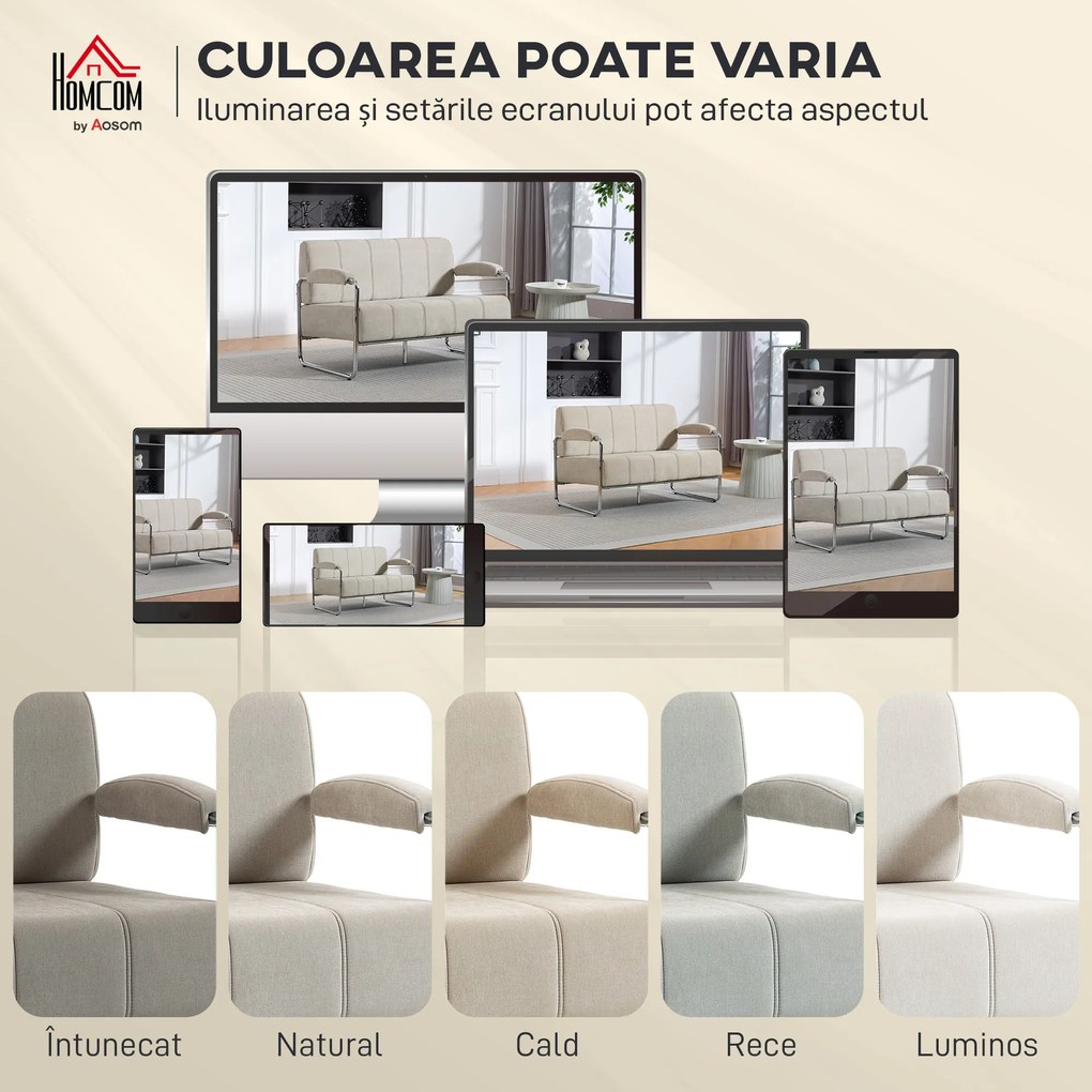 HOMCOM Canapea cu 2 Locuri Tapițată în Chenille cu Cusături Duble, Canapea Modernă cu Brațe și Picioare din Oțel, pentru Living, Birou și Dormitor, 120x73x76 cm, Bej | Aosom Romania