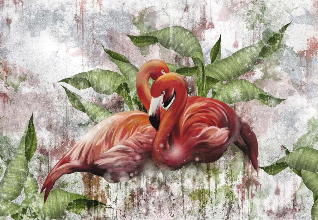 Fototapet - Flamingo pe zid de beton (147x102 cm)