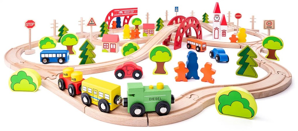 Jucarie Din Lemn - Set Tren Cu Pod Si Bariera (90 Piese)