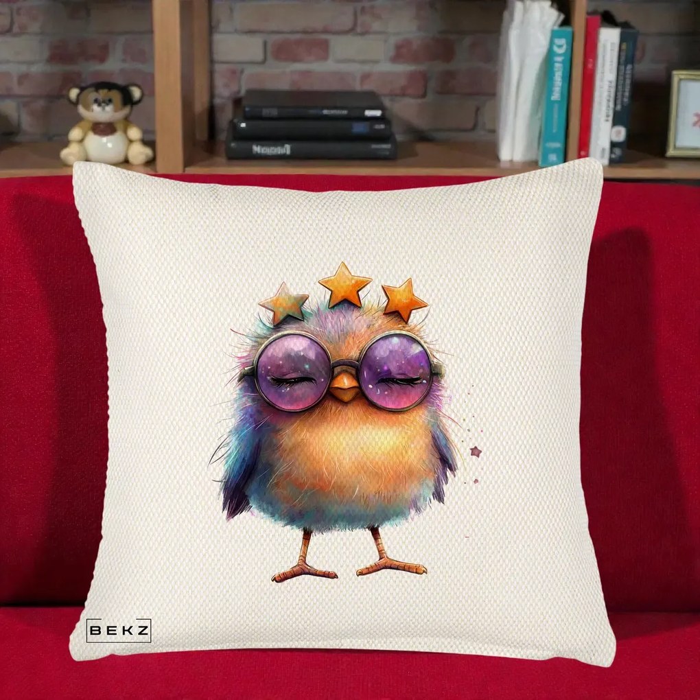 Perna Decorativa Pui Pop Star cu Ochelari Stele Violet, 40x40 cm, Crem Reliefat, Husa Detasabila, Perna Inclusa, BEKZ®