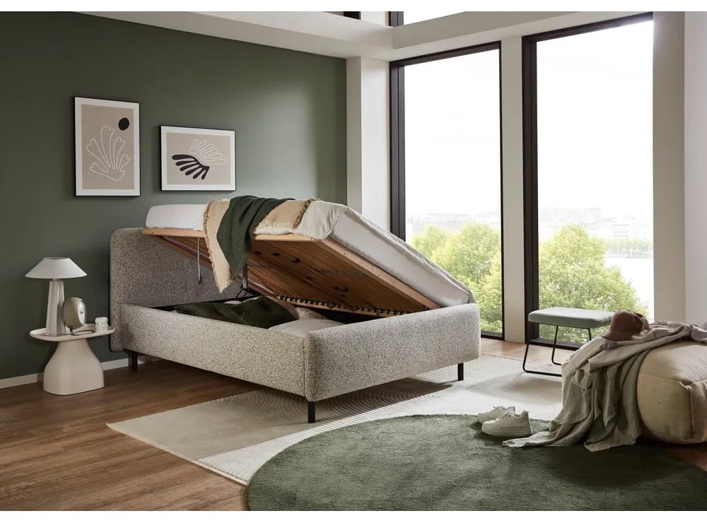 Pat matrimonial bej tapițat cu spațiu de depozitare cu somieră 140x200 cm Primo – Meise Möbel