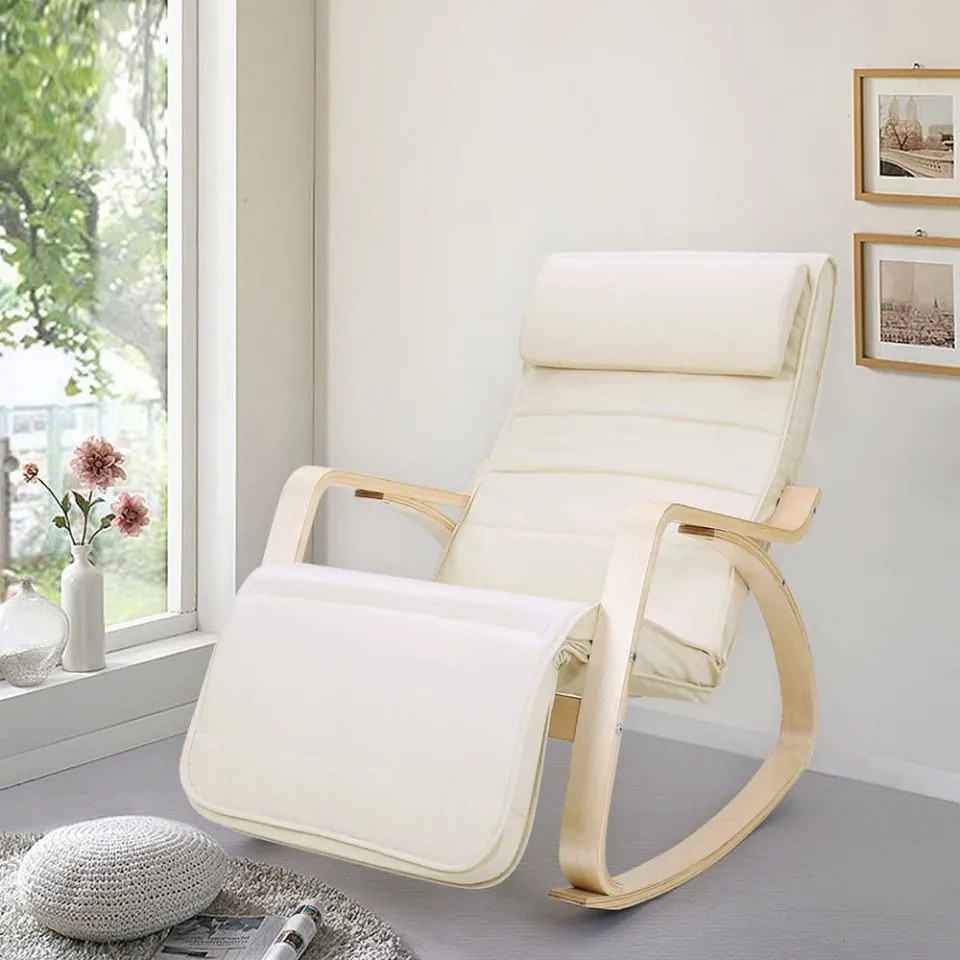 Fotoliu balansoar, lemn de mesteacan / textil, crem, Songmics, LYY10M