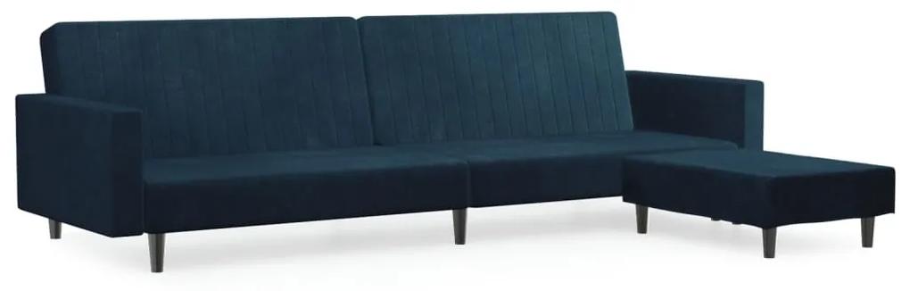 Canapea extensibila cu 2 locuri si taburet, albastru, catifea Albastru, Cu scaunel pentru picioare