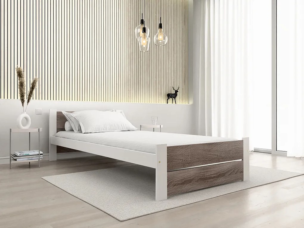 Pat de o persoana stejar alb/trufa, IKAROS DOUBLE 90 x 200 cm Saltele: Cu saltele Sommera 18 cm, Somiera pat: Cu lamele curbate