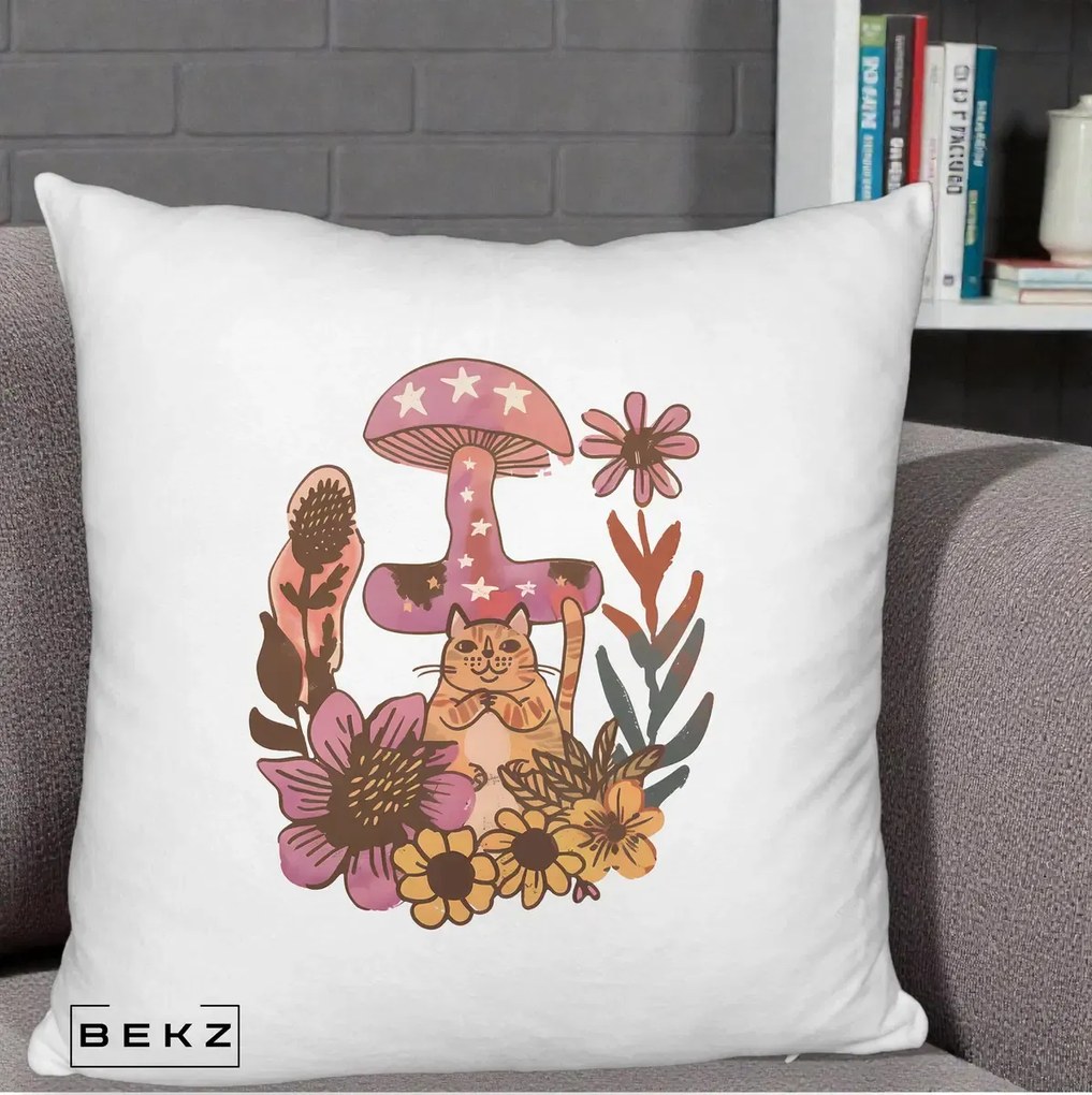 Perna Decorativa Ciuperca Pisica Boho, 40x40 cm, Alb Pufos, Husa Detasabila, Perna Inclusa, BEKZ®